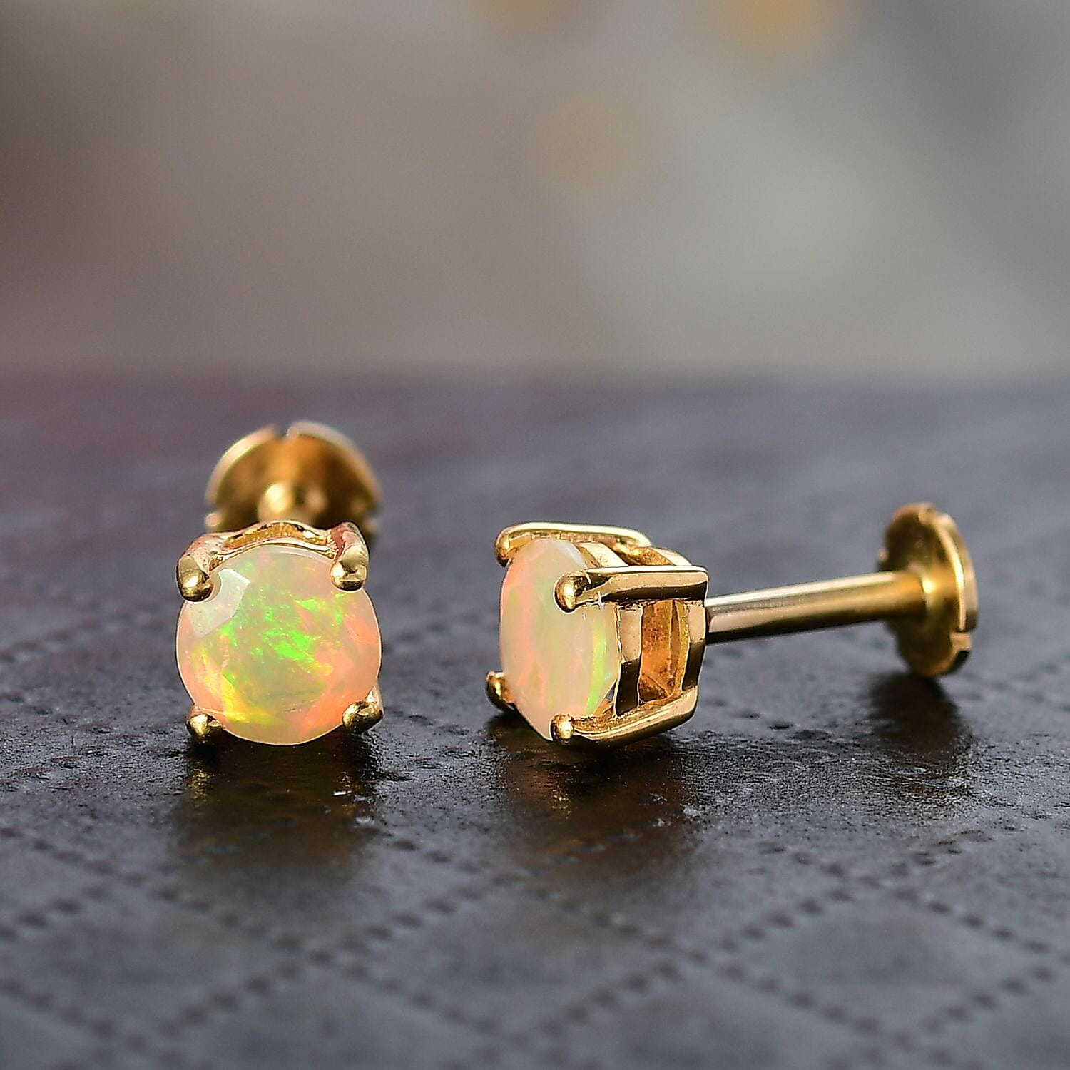 Ethiopian Opal Earring with Screw Back in 18K Vermeil Yellow Gold Plated Sterling Silver